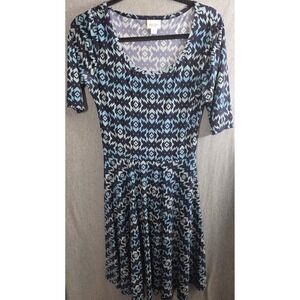 LuLaRoe Nicole Fit & Flare Dress Medium M Med Blue Geometric Aztec Short Sleeves